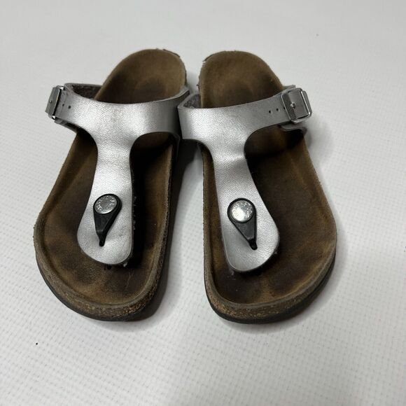 Birkenstock Young Gizeh Silver Leather Sandals Size 31 EU 13 US Narrow Strap - Picture 1 of 9